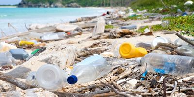Various plastic bottles and bags left as trash on a beach