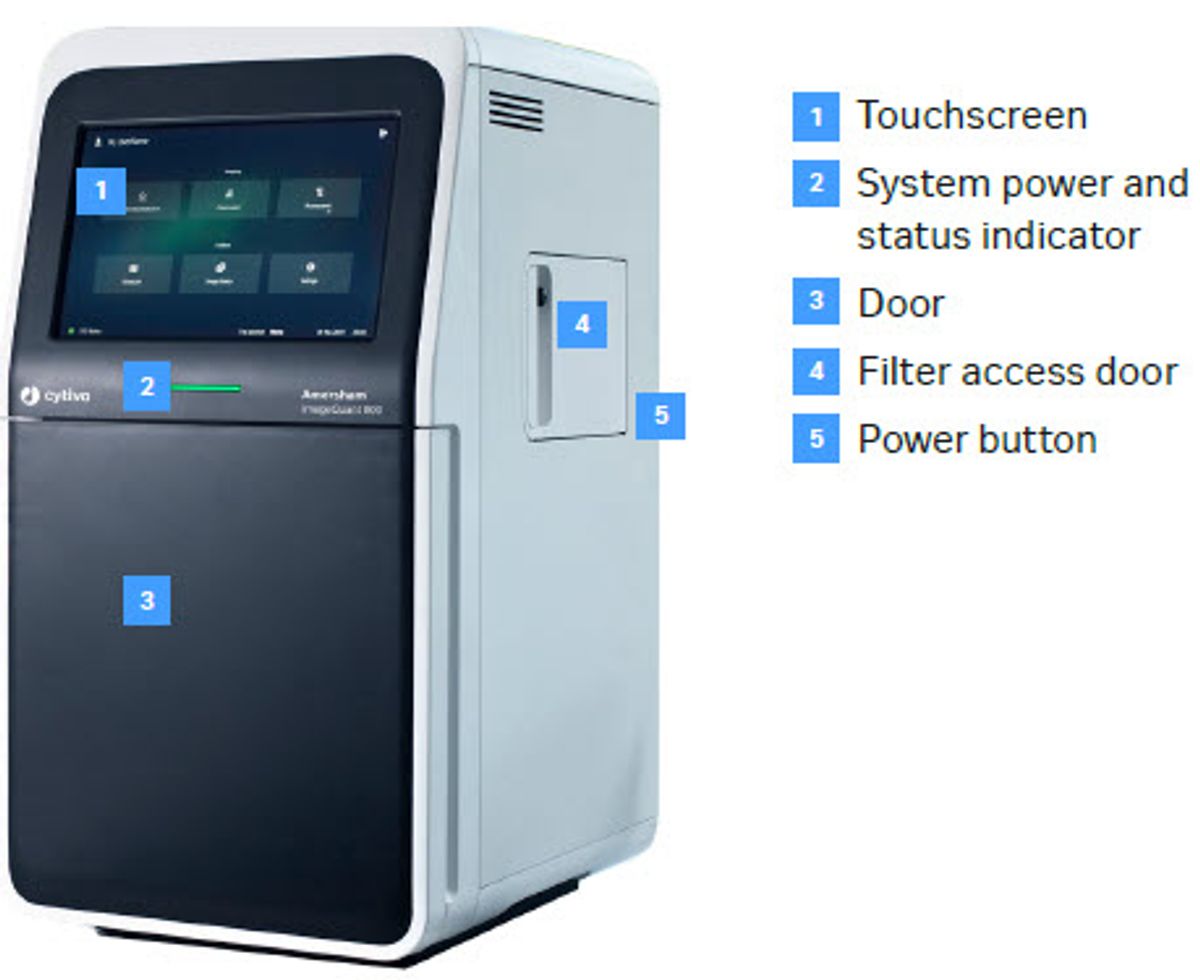 Fig 2. The ImageQuant™ 800 imaging system comes equipped with touchscreen, two tray positions, and an easy-access filter door.