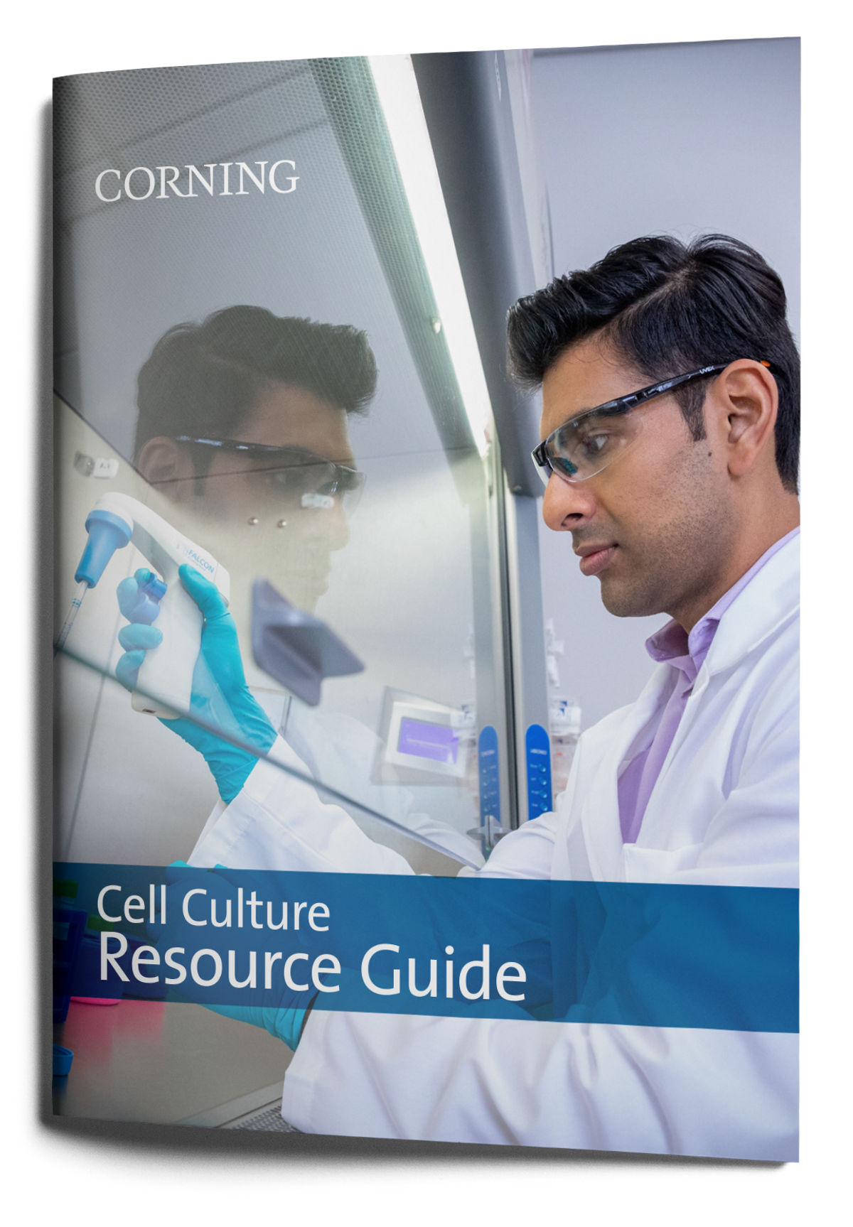 cover of the cell culture resource guide with a scientist in the lab using a pipetting tool under a fume hood