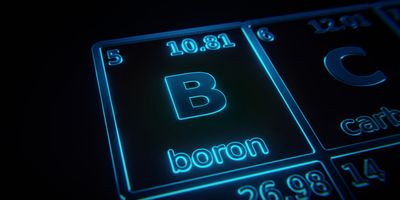 Focus on chemical element Boron illuminated in periodic table of elements