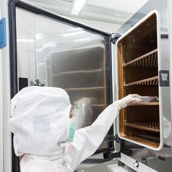 Scientist places a petri dish in an incubator