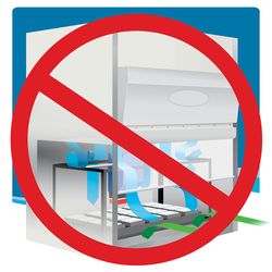 Panel 1: An illustration of a fume hood with arrows indicating haphazard airflow. A red circle with a strikethrough is superimposed overtop. Panel two features a fume hood with arrows indicating proper airflow. A green checkmark is overlaid.