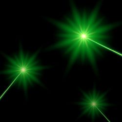 Three green lasers on a black background