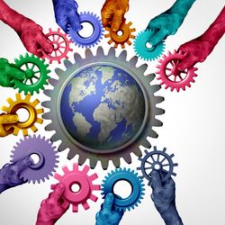 Many multicolored hands holding cogs towards a larger cog surrounding a globe
